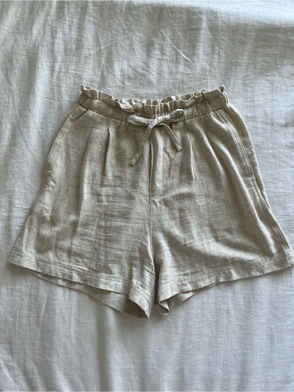High-Waist Ruffle Paperbag Drawstring Linen Shorts